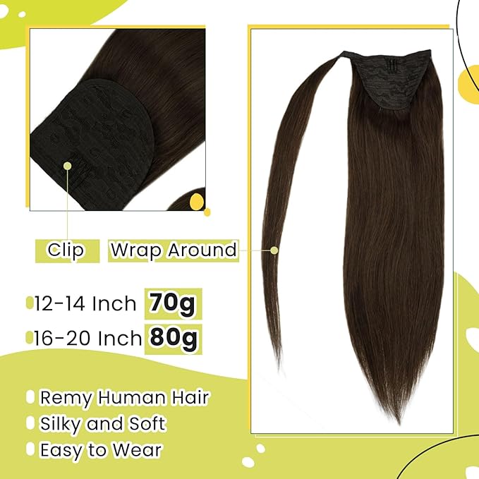 RUNATURE Real Human Hair Ponytail Extension, Medium Brown Ponytail Extension Human Hair, Wrap Around, Clip in Ponytail Hair Extensions Long Straight Hair Add Length, 20 Inch 80g #4 Medium Brown