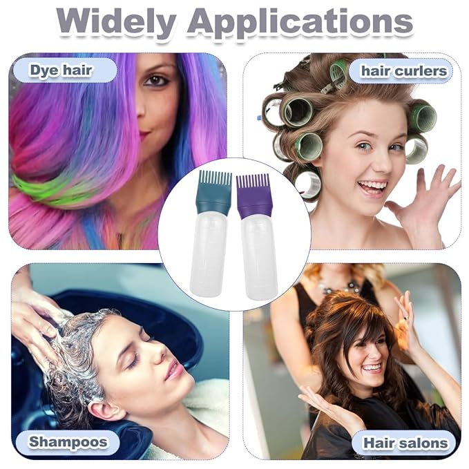 ELANE 4 Pcs Root Comb Applicator Bottle, 6oz, Hair Oil Applicator Bottle for Hair, Dye, Shampoos, Salons, Camping, Traveling (Purple+Grey+Red+Green)