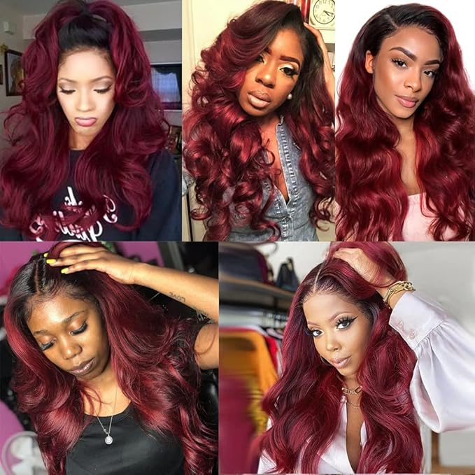 Ombre Human Hair Bundles 1B99J Body Wave Bundle Niegmeag Brazilian Virgin Remy Hair 3 Bundles 16 18 20 Inch 2 Tone Black and Burgundy Bundle 150g