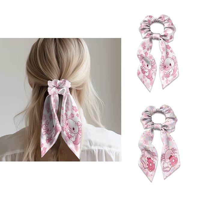 2 Piece Axolotl Elastic Ribbon Bow Hair Ties Pink Cherry Blossom Knotted Bow Satin Ponytail Holder for Women Stylish Scarf Scrunchies with Long Tails