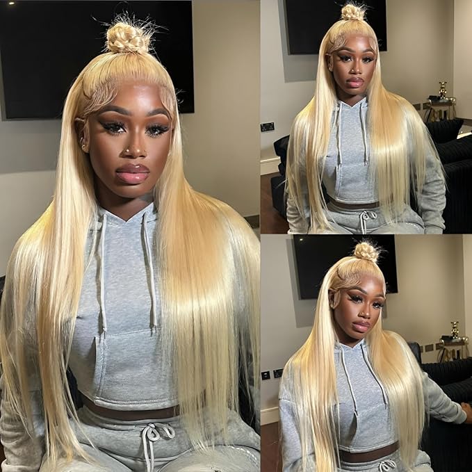 Hidden Strap Straight 360 613 Lace Front Wigs Human Hair Invisible Strap Pre Plucked 180% Density SALON-Quality Blonde Wig with Drawstring Glueless Wigs HD Full Lace Human Hair Wigs 28inch