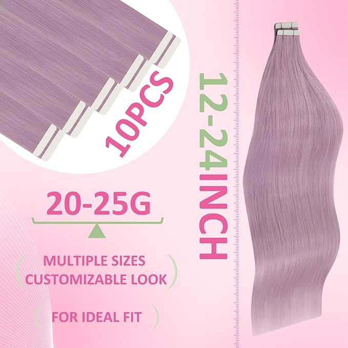 YoungSee Tape Hair Extensions Light Purple Long Hair Extensions Tape in 22 Inch Invisible Tape in Hair Extensions Human Hair Purple for Experimenting colors
