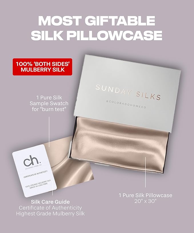 SUNDAYSILKS™ Premium Silk Pillow Cases | 100% Mulberry Silk Pillowcase with Zipper, Real 22 Momme Grade 6A Silk, Standard Queen, King Size [Nude Champagne]