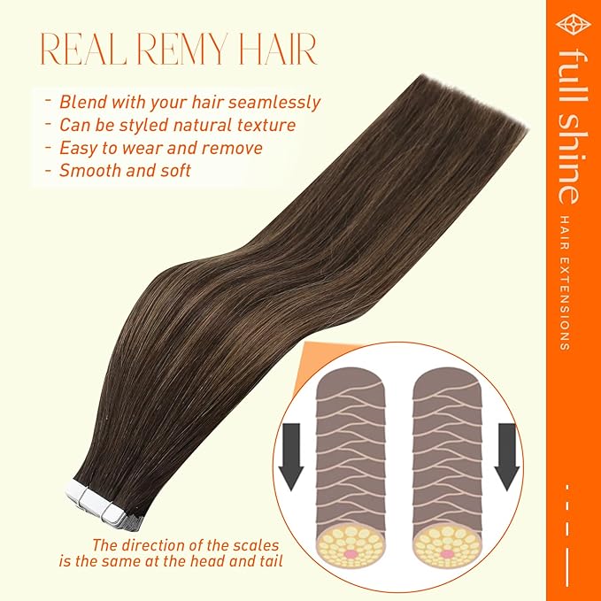 Full Shine Invisible Tape Hair Extensions 22 Inch Natural Double Sided Hair Tape 2/8/2 Dark Brown Ash Brown Mix 40pcs 100g Soft Remy Hair Extensions for Bridal Party
