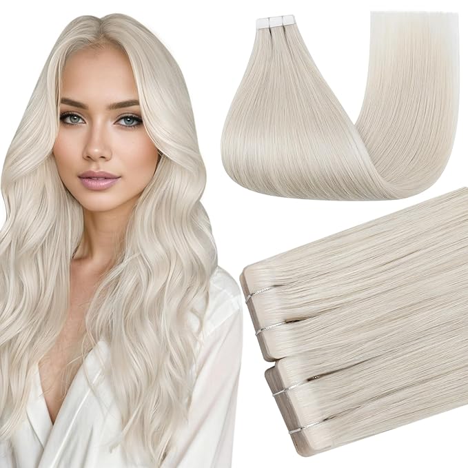 Full Shine Blonde Injected Tape in Hair Extensions Human Hair Color 1000 Ice Blonde Injection Tape in Extensions Protect Natural Extension 16Inch 40G 20Pcs Seamless Invisible Skin Weft