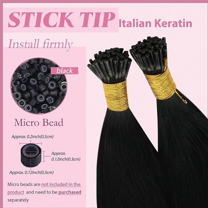 YoungSee I Tip Hair Extensions Black Human Hair Extensions I Tip Jet Black 24Inch 50g I Tips Hair Extension Real Human Hair Long Hair Extension Tip Natural Look for Black Women 50s