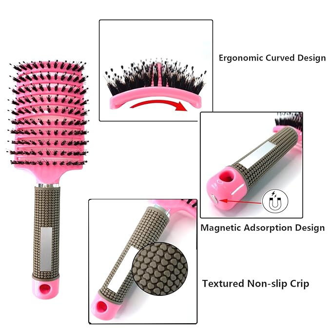 2 PACK Boar Bristle Hair Brush No Pull Curved Vented Hair Brushes Detangler Brush Fast Blow Drying Hair Brush for Kids Men Women Wet Dry Long Thin Thick Curly Tangled Hair (pink+green)