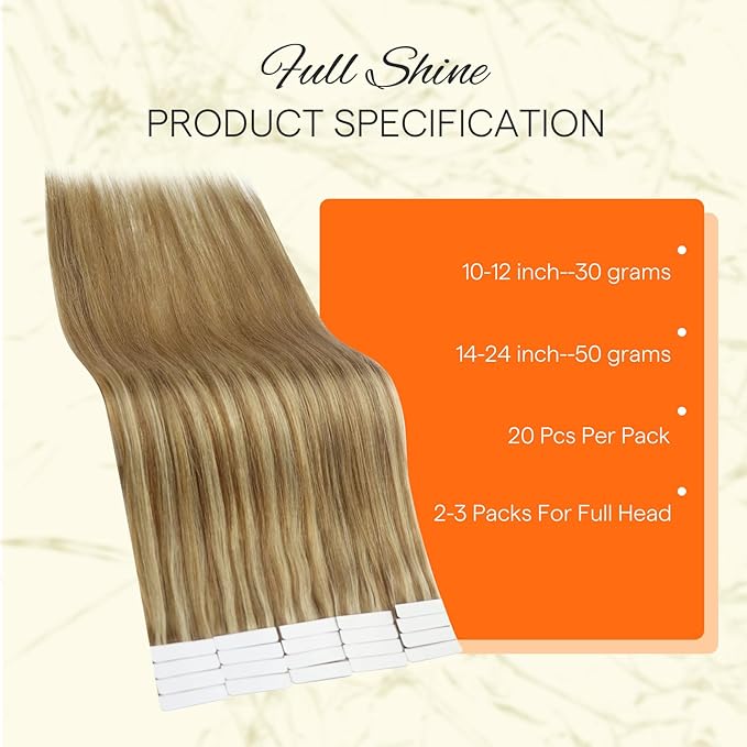 Full Shine Tape in Hair Extensions Human Hair Color 10 Golden Brown and 16 Golden Blonde to 16 Blonde Remy Seamless Tape in Extensions 18 Inch Hair Extensions Real Human Hair 50 Grams 20 PCS