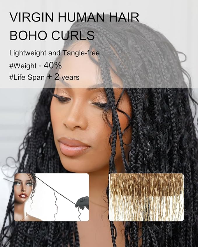 Human Hair Boho Curls Hand-Tied Full Lace Wig - 24" Small Box Braids (79 Braids) Pre-Cut Real Swiss HD Lace, Lightweight, Pre-Plucked, Knotless, Tangle-Free Boho Braided Wig | 1B/27/613