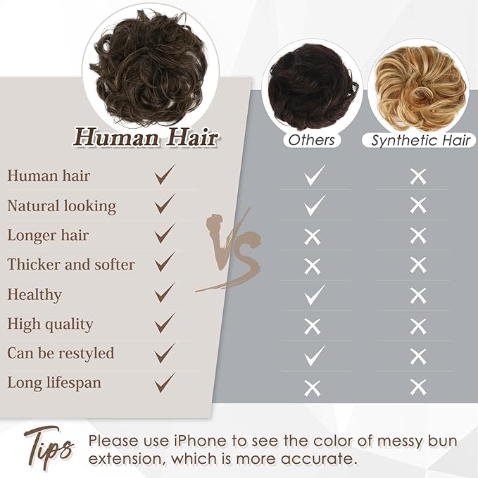 RUWISS Large Messy Bun Hair Piece 100% Human Hair Layered Wavy Curly Hair Buns Hair Piece for Women Thick Updo Hairpiece for Daily Wear Real Hair Scrunchies Dark Brown Ponytail Extension