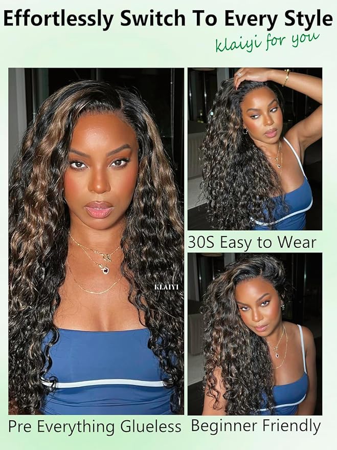KLAIYI Golden Brown Water Wave Bye Bye Knots Glueless Wig Human Hair Highlight 7x5 Precut Lace Front Pre Plucked Bleached Ombre 3S Ready to Wear Go Beginners Wig with Dark Roots Deep Curly Wave 16Inch