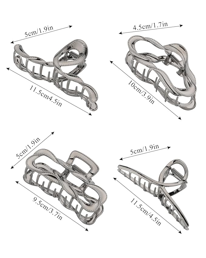 HAIMEIKANG 4 PCs Metal Hair Claw Clips for Women - Irregular Large Hair Clips for Thick Hair Thin Hair Non-Slip Hair Styling Accessories for Women Girls(Metalgray #3)