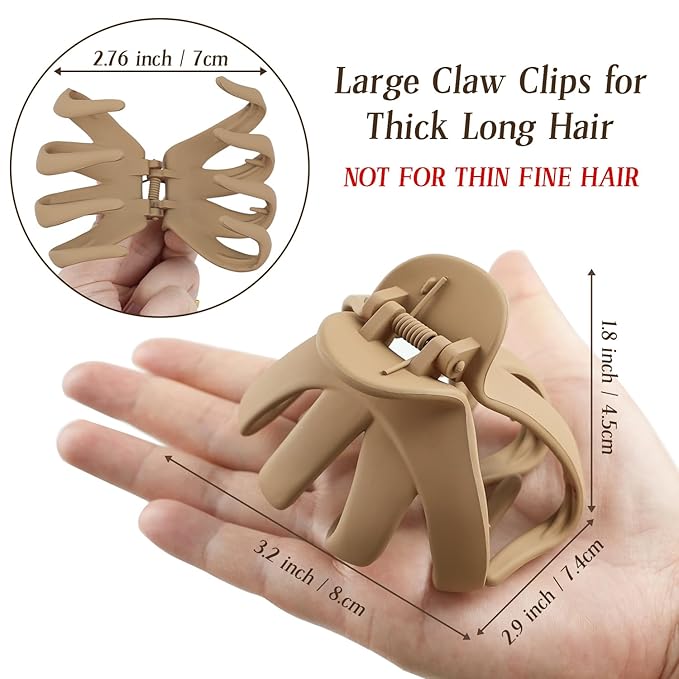 Big Claw Hair Clips for Thick Hair, 3.2" Matte Octopus Large Clips for Women and Girls, Strong Hold Jumbo Clips for All Hair Types, 6 Pack (Neutral)