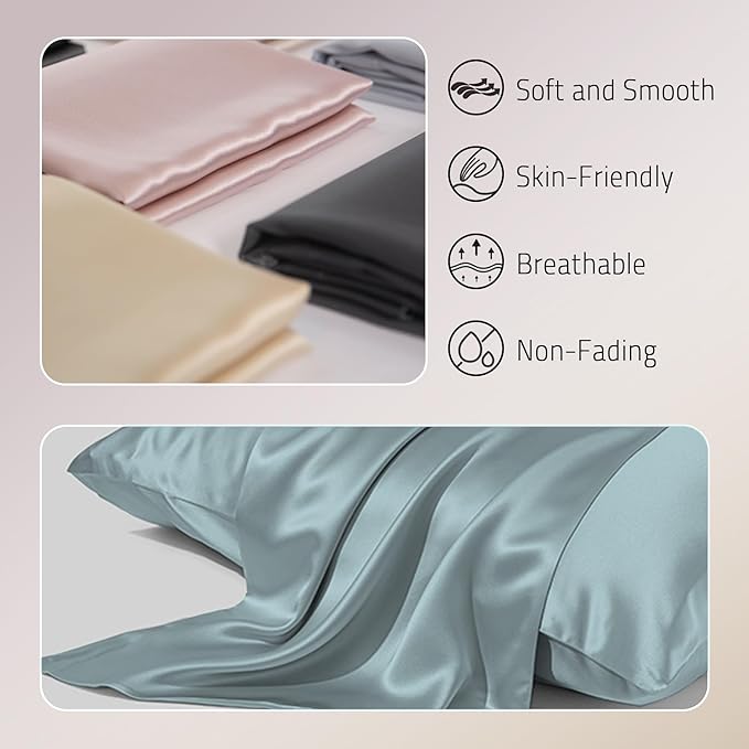 Mulberry Silk Pillow Cases Set of 2, Both Sides Real Silk Pillow Cover for Hair and Skin Cool Pillowcase Organic Silk Pillowcase 2 Pack with Hidden Zipper, Haze Blue, Queen (20"×30")