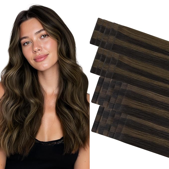 GOO GOO Invisi Edge Tape in Hair Extensions Human Hair, 2/6 Dark Brown Highlighted Chestnut Brown 10pcs injected with 10pcs classical tape ins, 14inch 50g, Virgin Remy Hair, Natural Look