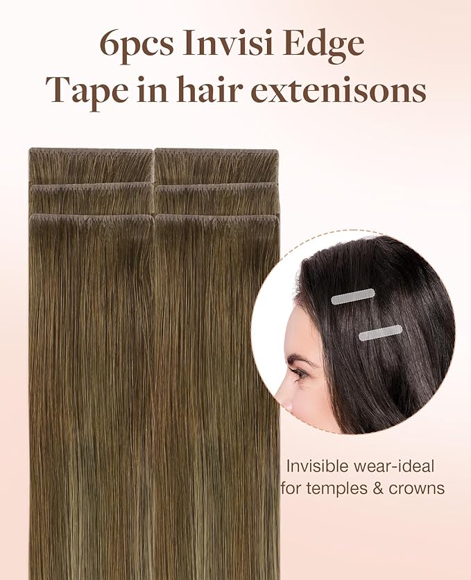 GOO GOO Invisi Edge Tape in Hair Extensions Human Hair, 3/8/613 Balayage Walnut Brown to Ash Brown and Bleach Blonde, 6pcs 12inch 15g, Virgin Remy Hair, Seamless Injected Tape, Natural Look