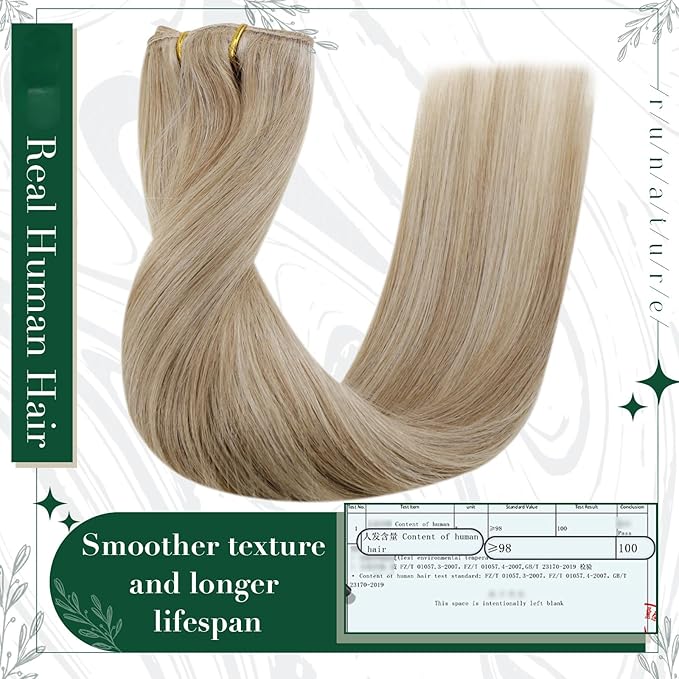RUANTURE Clip in Human Hair Extensions, Blonde Highlight Real Human Hair Clip in Extensions, Remy Natural Hair Soft Add Hair Volume, 14 Inch 50g 3pcs #16/22 Beige Blonde