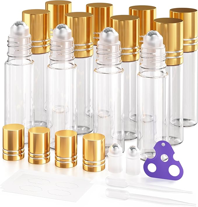 ULG 4/8/12-Pack Essential Oil Roller Bottles 10ml, Empty Bottles with Stainless Steel Roller Balls and Waterproof Labels, Roller Balls For Essential Oils