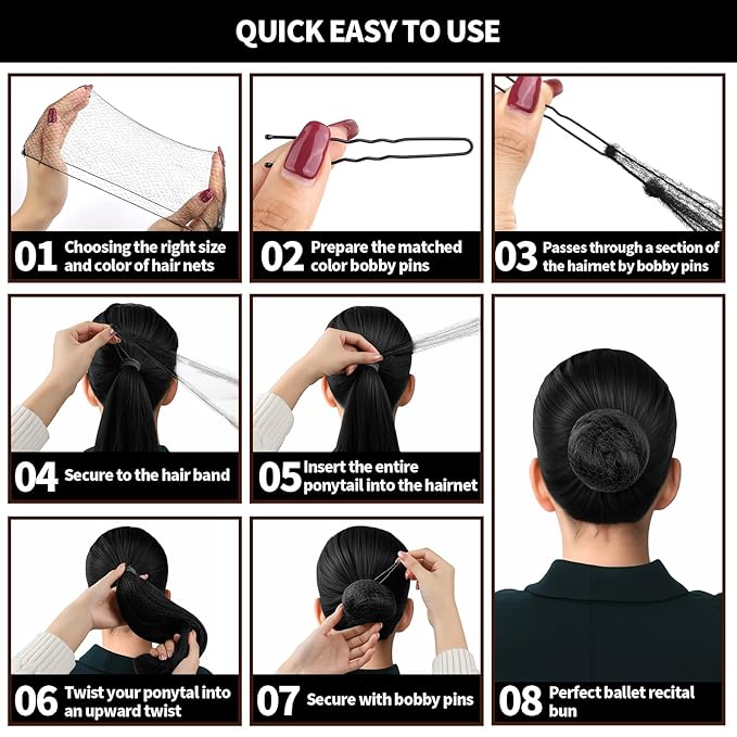 80Pcs Hair Net Set，30 Invisible Elastic Nylon Hair Net，40 U-Shaped Hair Pins and 10 Elastic Hair Ties,Perfect for Ballet Bun, Food Service, and Everyday Use（Black）
