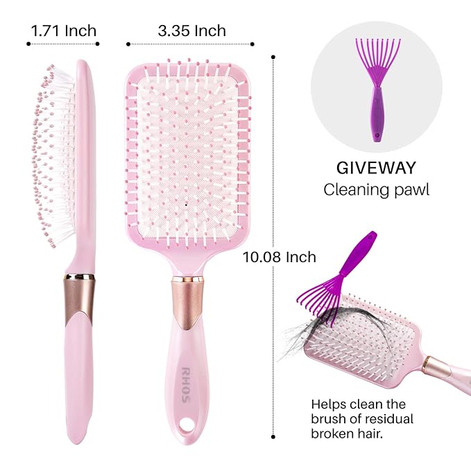 RHOS Paddle Brush for Women & Men - Detangler for Thick, Curly, Long, Wet & Dry Hair - Nylon Bristles Square Cushion Brush for Smoothing and Detangling (1 Pack - Pink)