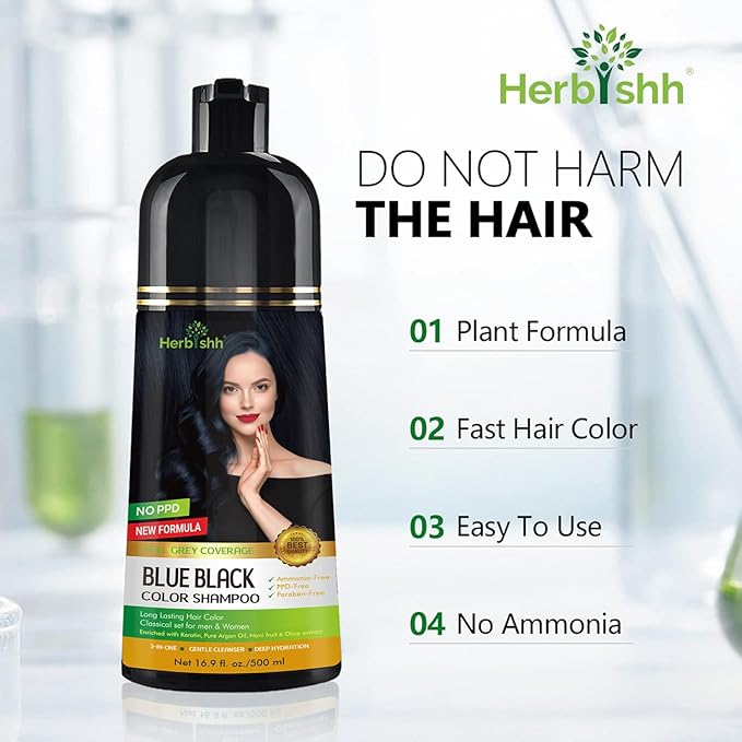 Herbishh Blue Black 3 In 1 Hair Dye Shampoo 16.9 Fl Oz & Argan Oil Mask 28.2 Fl Oz Combo - Champu Para Canas Mujer - Hair Dye Shampoo for Men & Women - Hair Mask For Moisturizer Dry, Damaged Hair