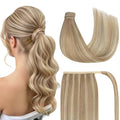 Ve Sunny Hair Extensions Ponytail Real Human Hair 80G Wrap Around Clip in Ponytail Hair Extensions Straight Extensions Human Hair for Women Dark Blonde Highlights Golden Blonde 14inch