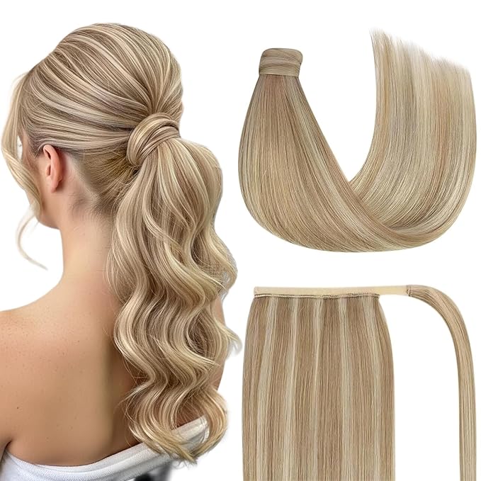 Ve Sunny Hair Extensions Ponytail Real Human Hair Wrap Around Clip in Ponytail Hair Extensions Straight Extensions Human Hair for Women Dark Blonde Highlights Golden Blonde 18inch 80G