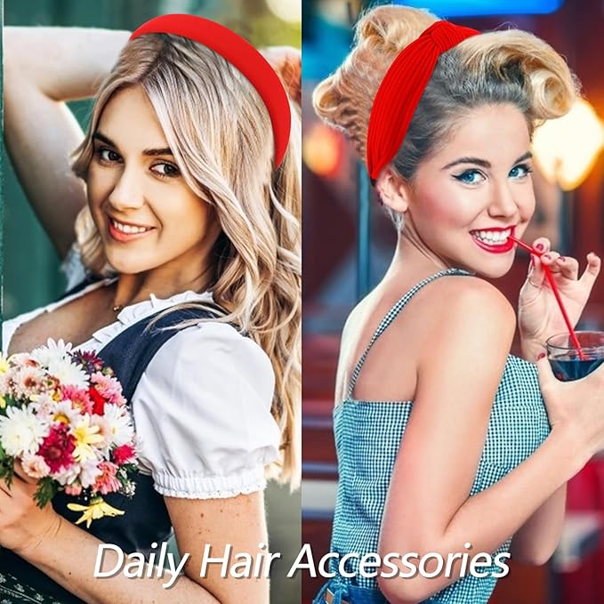 VELSCRUN Headbands for Women 7 Pcs Different Red Knotted Solid Pearl Head Bands Non Slip Hair Band for Womens Gilrs Thin Thick Short Hair Fashion Accessories