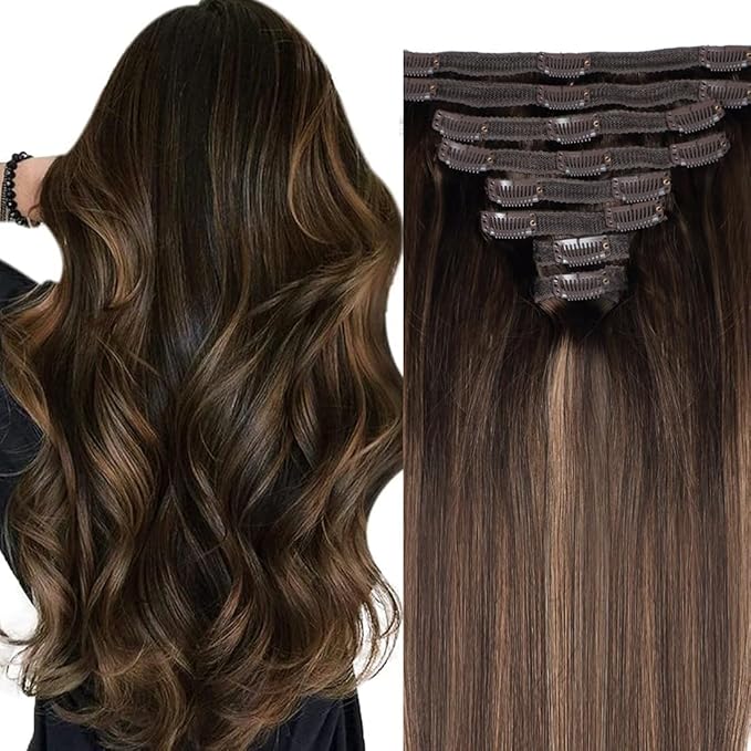 Straight Clip In Hair Extensions Real Human Hair 8Pcs Clip In Balayage Dark Brown to Chestnut Brown Human Hair Extensions with 18Clips Lace Weft 120g 16inch