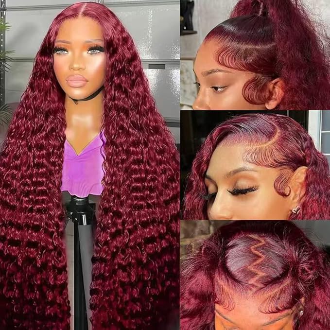 Burgundy Wig Human Hair Deep Wave 13x6 Transparent Lace Front Wigs Human Hair 200 Density 99j Burgundy Wigs Pre Plucked 99J Curly human Wig with Baby Hair 22 Inch