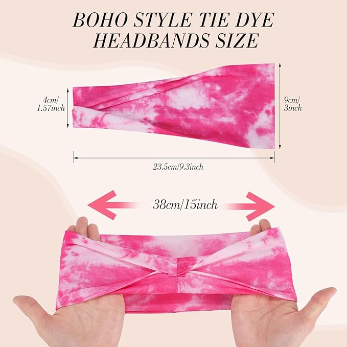 obeoby Tie Dye Headbands for Women, 8Pcs Boho Hairbands Fashion Knot Wide Headband for Daily Yoga Work, Hippie Gifts for Women