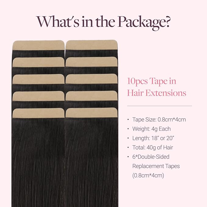 GOO GOO Tape in Hair Extensions Human Hair, 1B Natural Black, 4cm Wide Tape, 20inch 20pcs 80g, Real Human Hair, Seamless Tape in, Instant Length&Volume