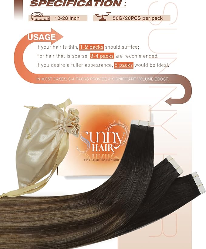 Sunny Hair Tape in Hair Extensions Real Human Hair Invisible Remy Hair Extensions Tape ins for Women Natural Black Ombre Dark Brown Balayage Ash Blonde 22 inch 20Pcs 50G