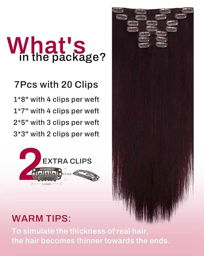 Moresoo Dark Red Clip in Hair Extensions Remy Human Hair 22 inch Red Hair Extensions Clip ins Burgundy Long And Straight 150g/7pcs 22in