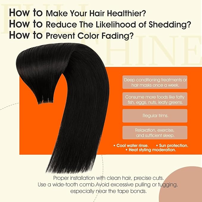 Full Shine Black Injected Tape in Extensions Real Human Hair Color 1B Off Black Invisible Remy Tape in Hair Extensions Human Hair Cuticles Aligned Seamless Short Straight Skin Weft 14Inch 40G 20Pcs