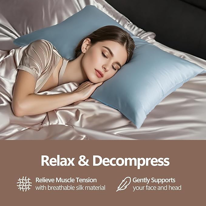 Luxury 6A Mulberry Silk Pillowcase & Silk Pillow Case for Hair & Skin – Anti-Wrinkle, Hidden Zipper – Best Beauty Sleep Solution for Women(Light Blue, Queen)