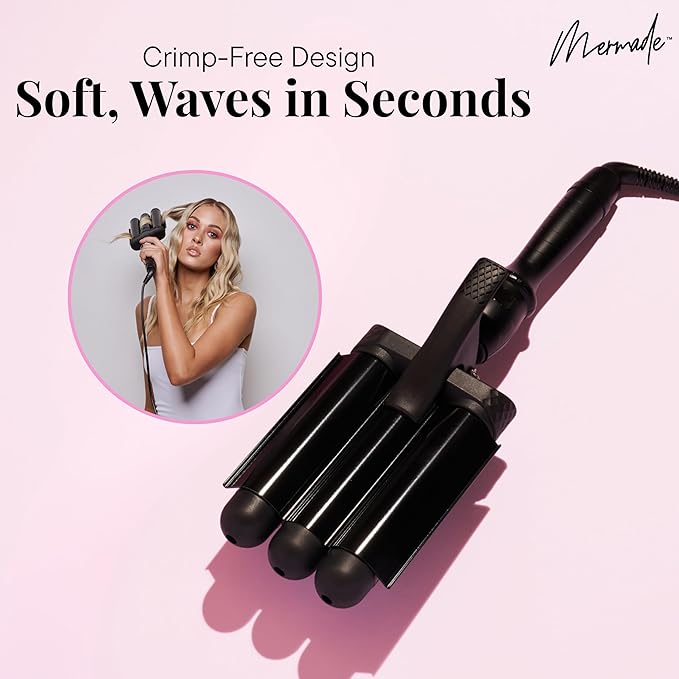 Mermade Hair PRO Hair Waver 1" - Hair Waver 3 Barrel, 3 Barrel Curling Iron 1 Inch, Ceramic Barrel Waver for Thick, Thin, Long, or Short Hair - 1", Black
