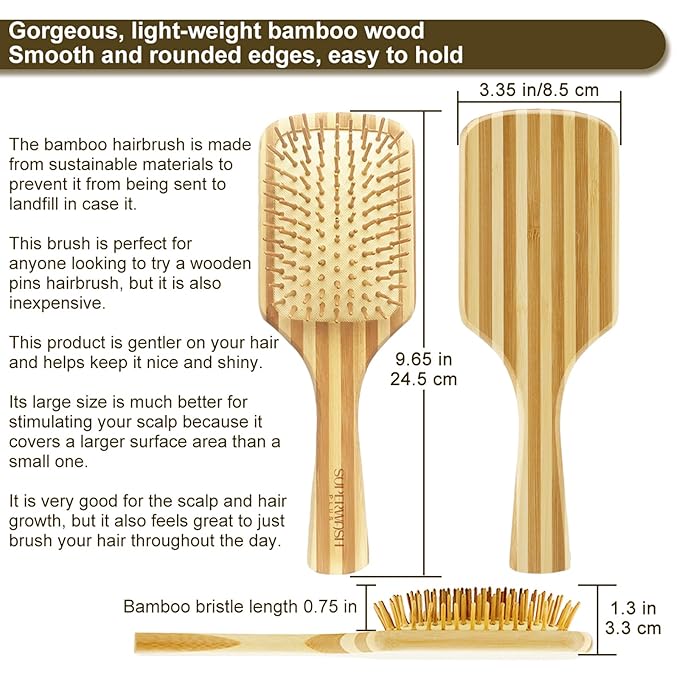 Hair Brush Set for Women & Men, Natural Bamboo Bristles Wet Dry Flat Paddle Detangling Bamboo Brushes Fit All Types Hair, Brush Cleaner Tool included - 3 Pack