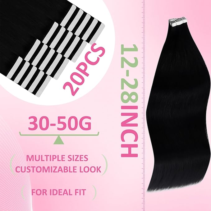 YoungSee Black Tape in Hair Extensions Real Human Hair Invisible Tape in Hair Extensions Human Hair 14Inch Jet Black 50g Tape-in Extension Human Hair Black for Women 20pcs Easy to Apply