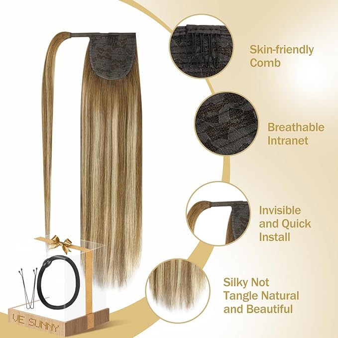 Ve Sunny Hair Extensions Ponytail Real Human Hair Wrap Around Clip in Ponytail Hair Extensions Straight Extensions Human Hair for Women Chestnut Brown Ombre Platinum Blonde Balayage 22inch 80G