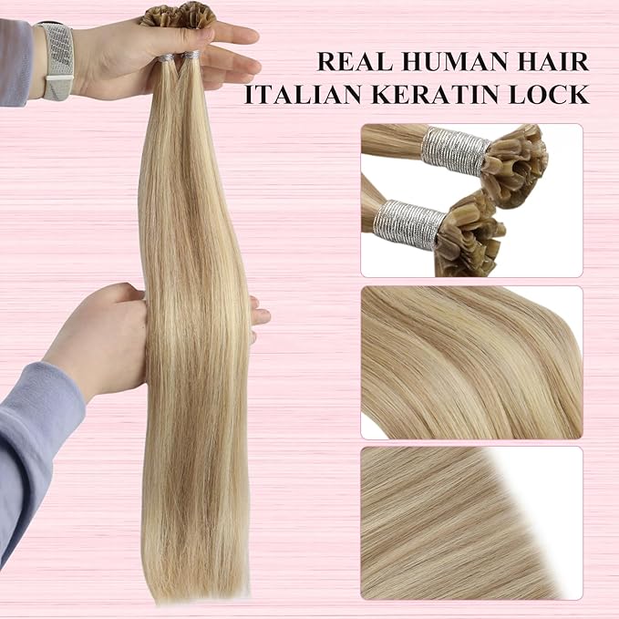 YoungSee U Tip Hair Extensions Blonde Highlight Remy Human Hair Utips Extensions Blonde U Tips Hair Extension Human Hair Highlight Ktip Hair Extension for Women Hot Fusion 20In 1G/S 50G