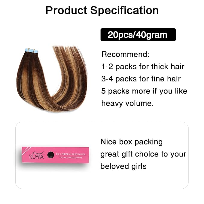 SUYYA Tape in Hair Extensions Human Hair Ombre Chocolate Brown to Caramel Blonde Remy Hair 16 inches 20pcs 40g/pack Straight Seamless Skin Weft Tape in Human Hair Balayage(16 inch #P4/27/T4)