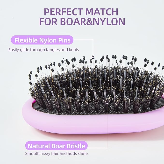Boar Bristles Hair Brush for Women and Men, Detangling Hair Brush for Smoothing Massage Add Shine, Nylon&Boar Bristles Detangler brush for Hair Healthy (Medium-Purple)