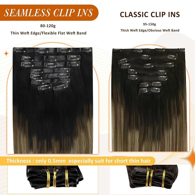 Full Shine Seamless Human Hair Clip in Extensions 14 Inch Balayage Black to Chestnut Brown with Caramel Brown PU Weft Real Hair Extensions 8 PCS 120 G