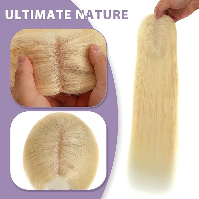 16 Inch Length Hair Toppers for Women with Thinning Hair, 3x5 Inch Injected Silk Base 130% Density Hairpieces #613 Bleach Blonde