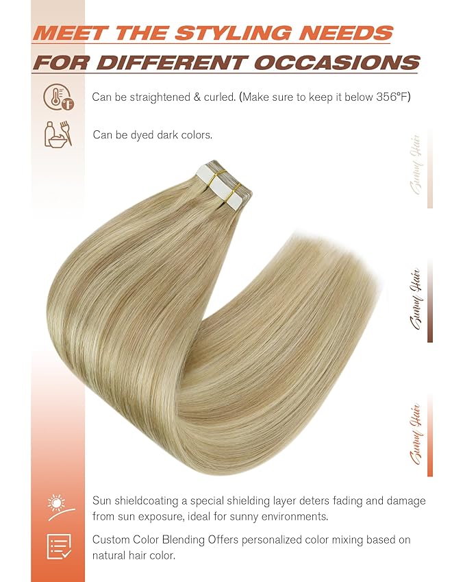 Sunny Hair Tape in Hair Extensions Real Human Hair Invisible Remy Hair Extensions Tape ins for Women Dark Blonde Highlights Light Blonde 18 inch 20Pcs 50G