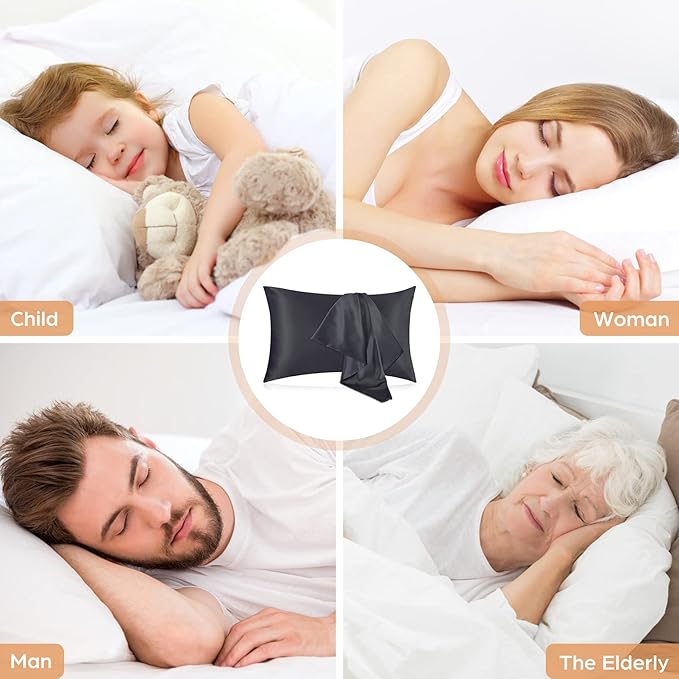 Silk Pillowcase for Hair and Skin, 2 Pack 100% Mulberry Silk Pillowcase 25 Momme, 600 Thread Count, Both Side Pure Silk Pillow Cover with Hidden Zipper (BlackGray, Queen 20''×30'')