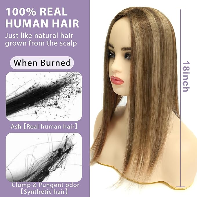 Toppers Hair Pieces for Women #TAC, 3x5 Inch Injected Silk Base 18 Inch Length 130% Density Real Human Hair Toppers