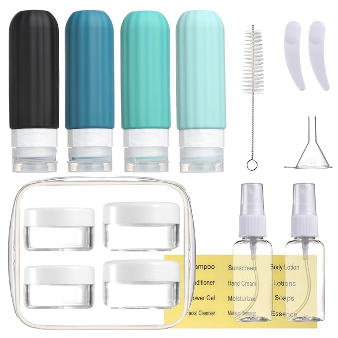 16 Pack Travel Bottles for Toiletries, Leakproof Travel Containers for Toiletries, TSA Approved Silicone Travel Accessories Squeezable Refillable 3oz for Shampoo Conditioner Lotion