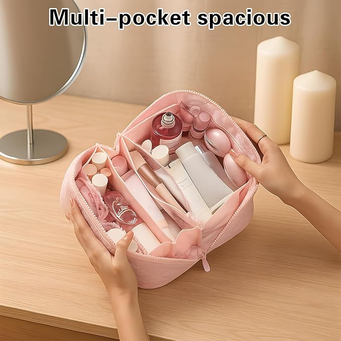Cosmetic Bag for Travel, Large Capacity Pouch Purse Organizer, Waterproof Puffy Padded Make Up Toiletry Bag for Women (White)